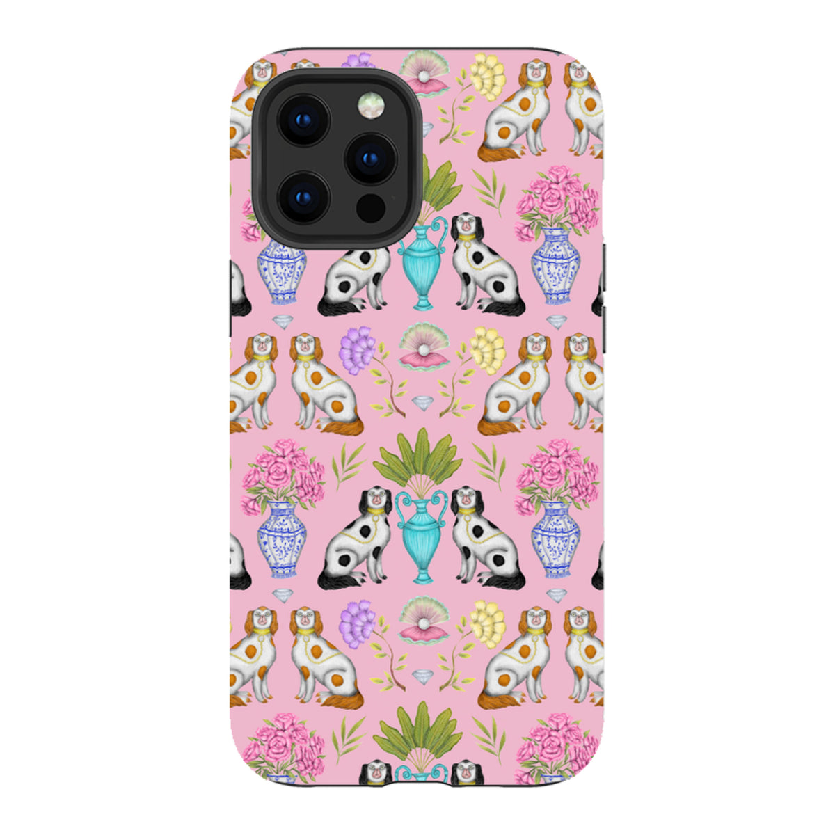 iPhone tough case with a pink pattern featuring spaniel dogs, blue and white vases, flowers, and shells.