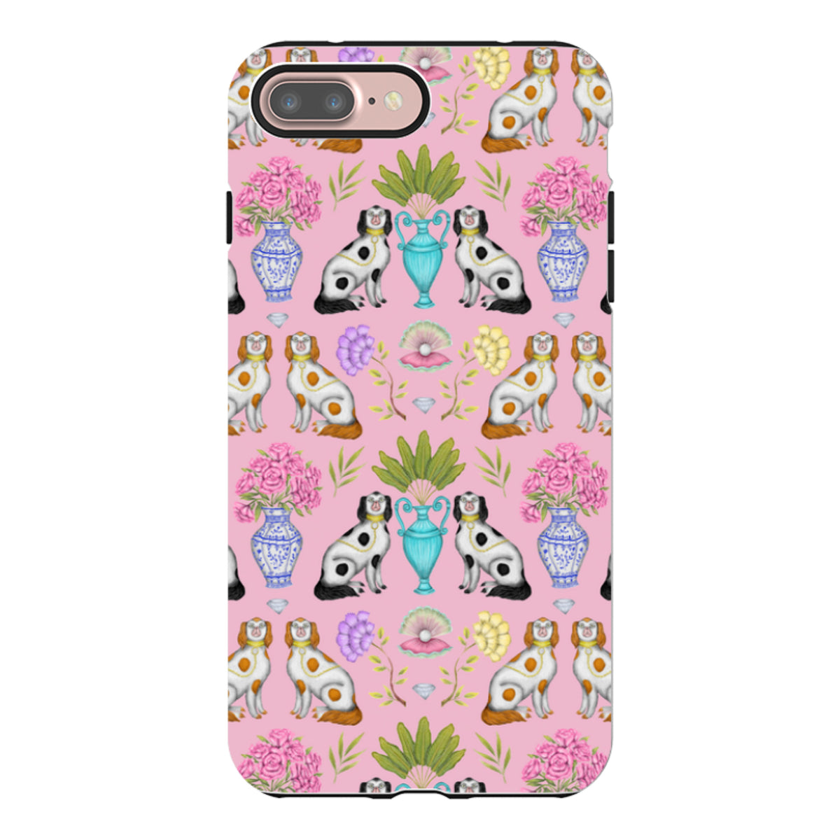 iPhone Tough Case featuring a pink pattern of spaniel dogs, blue vases, flowers, and pearls by Catherine Rowe.