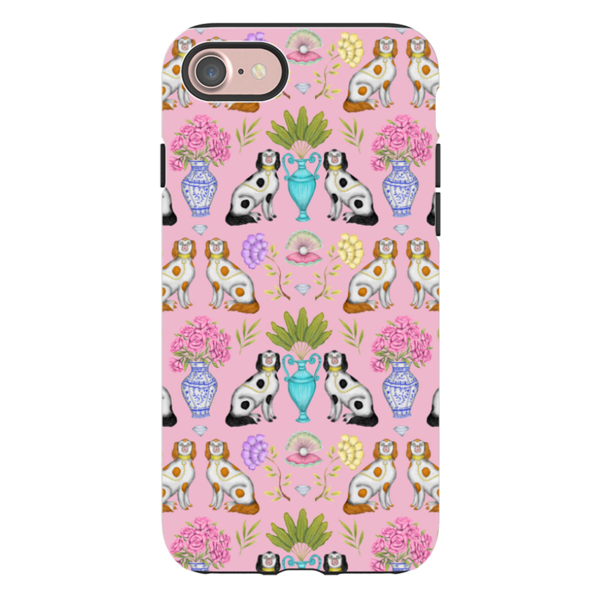 Dual-layer iPhone tough case featuring a pink pattern of spaniels, floral vases, and pearls by Catherine Rowe.
