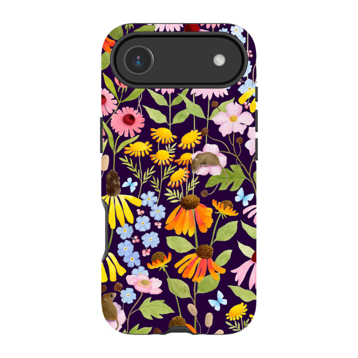 iPhone tough case with a dark purple background featuring colorful wildflowers, small mice, and butterflies.