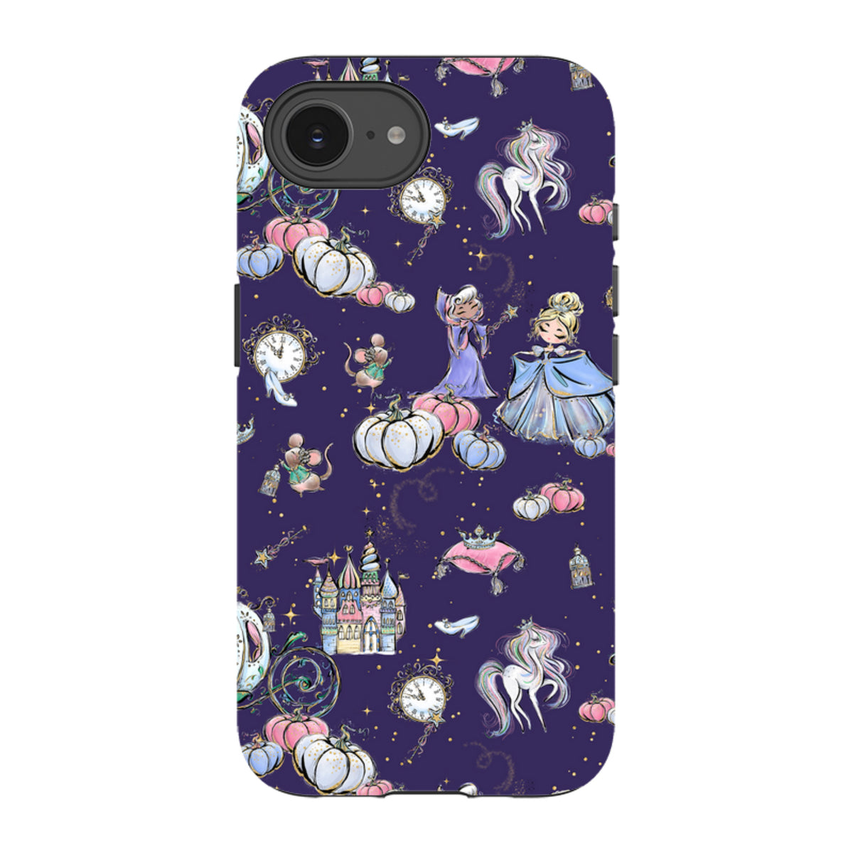 Midnight blue iPhone tough case with a whimsical Cinderella-themed pattern featuring castles, pumpkins, and unicorns.