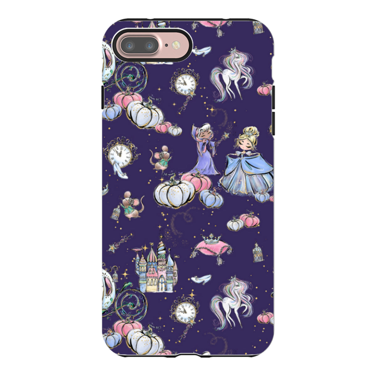 Midnight blue iPhone tough case featuring a whimsical Cinderella-themed pattern with castles, pumpkins, and carriages.