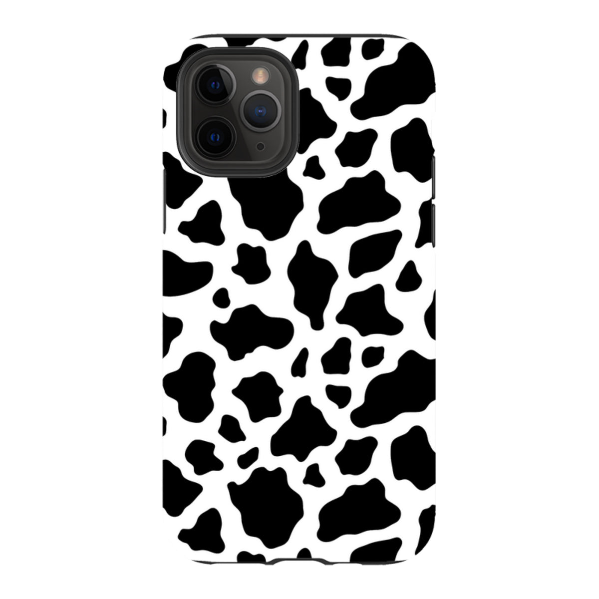 iPhone Tough Case with a black and white cow print pattern, featuring a durable dual-layer design and camera protection.