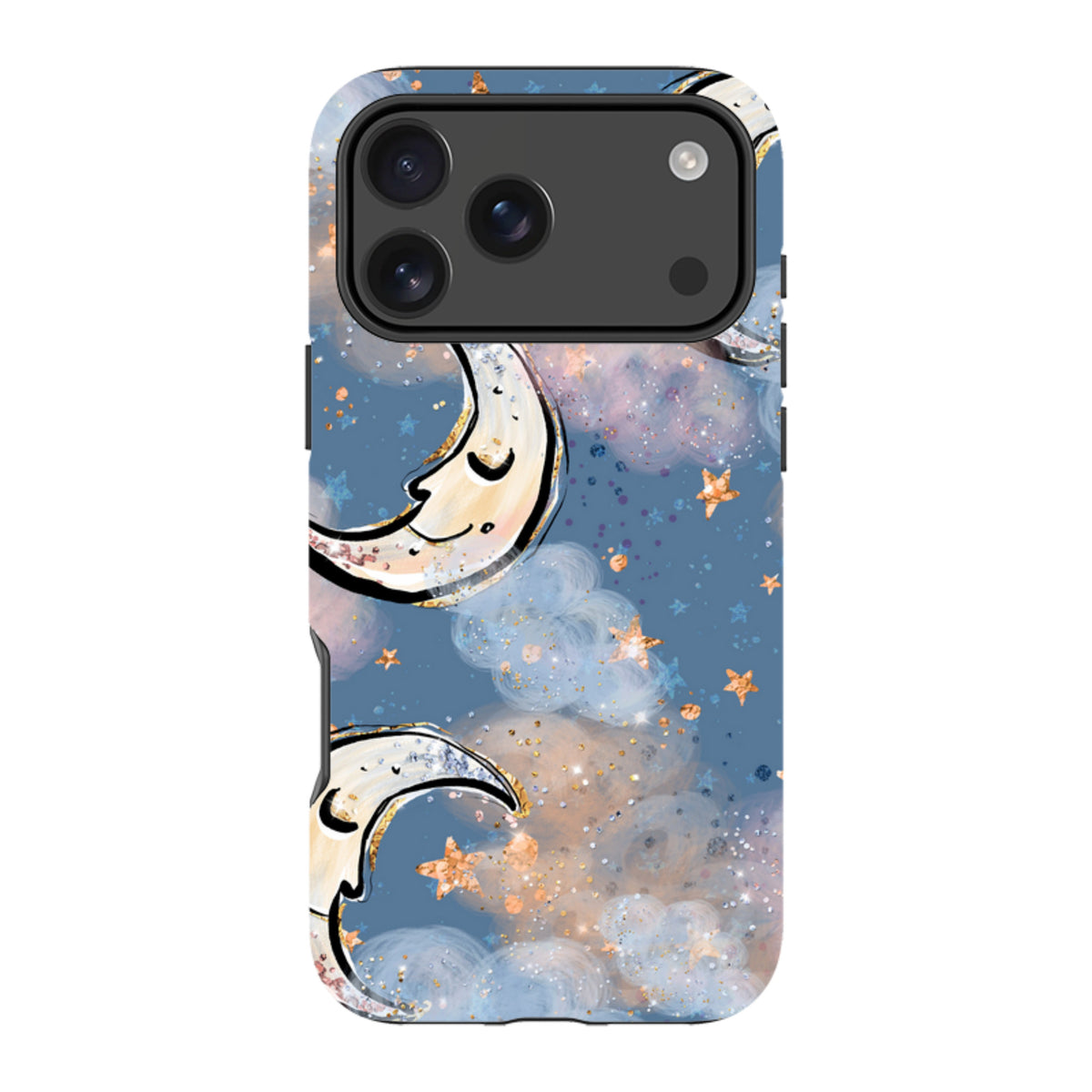 Dual-layer iPhone tough case featuring a blue celestial design with artistic moons, gold glitter stars, and soft clouds.