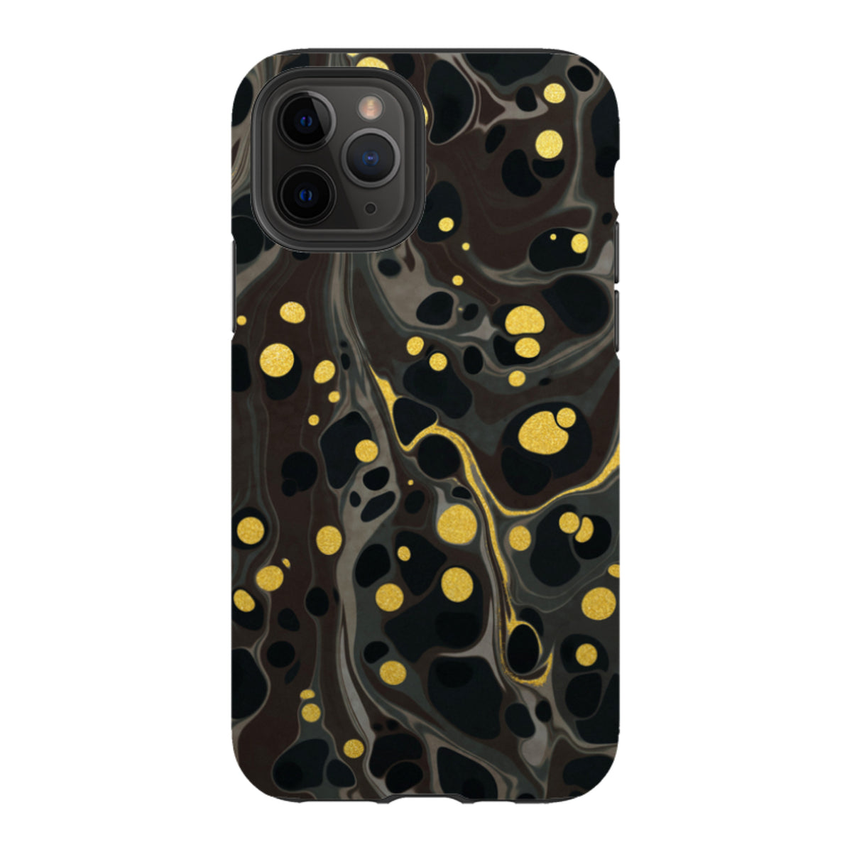 iPhone Tough Case in Moon Mist featuring a black and grey marble design with shimmering gold polka dot accents.