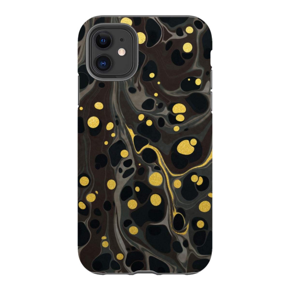 iPhone tough case with a black and grey marble swirl design accented by shimmering gold polka dots.