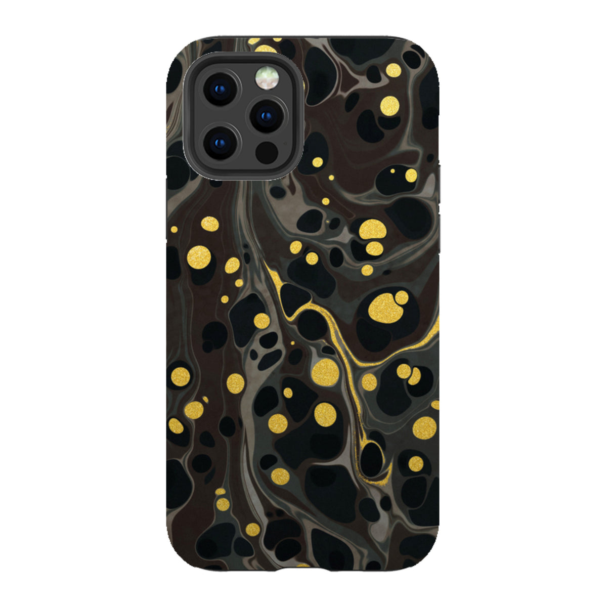 iPhone Tough Case in Moon Mist featuring a black and grey marble design with shimmering gold polka dot accents.