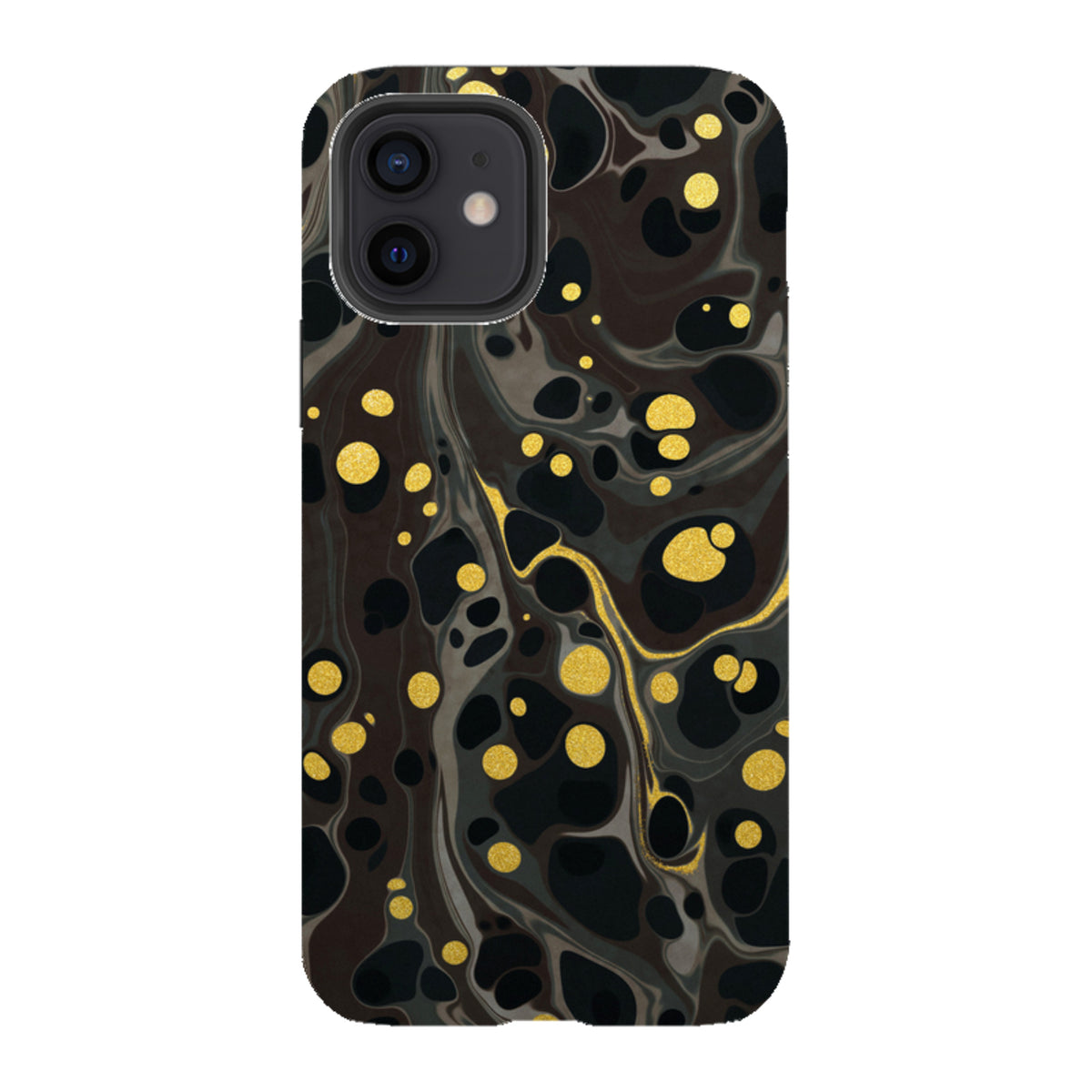iPhone Tough Case in Moon Mist featuring a black and grey marble pattern with gold glitter accents and dual-layer protection.
