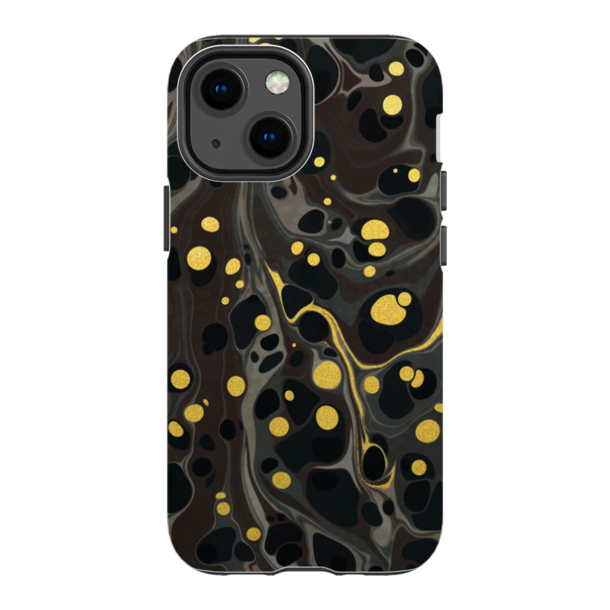 iPhone Tough Case in Moon Mist featuring a black and grey marble pattern with gold glitter accents and dual-layer protection.