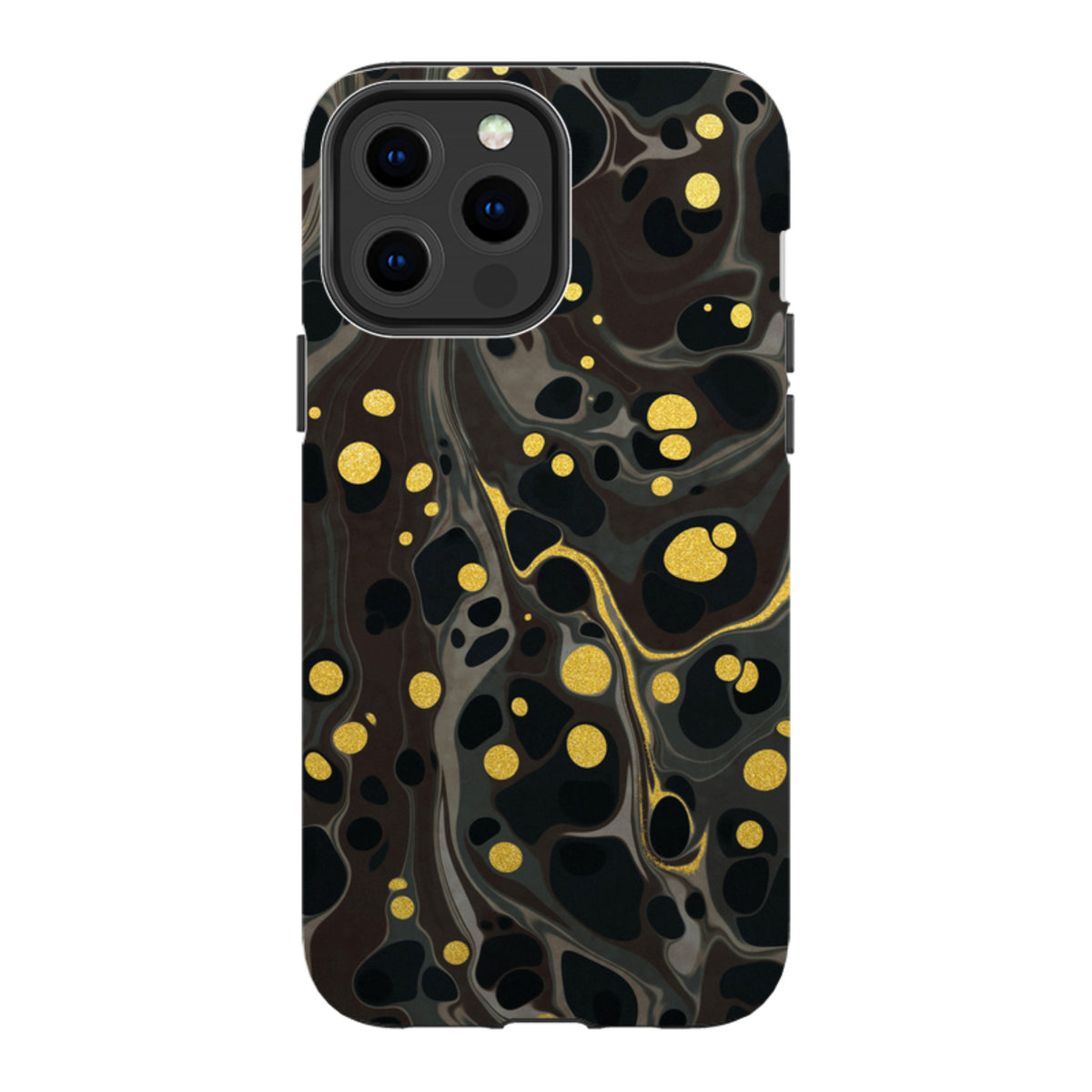 iPhone Tough Case in Moon Mist featuring a black and grey marble pattern with shimmering gold polka dot accents.
