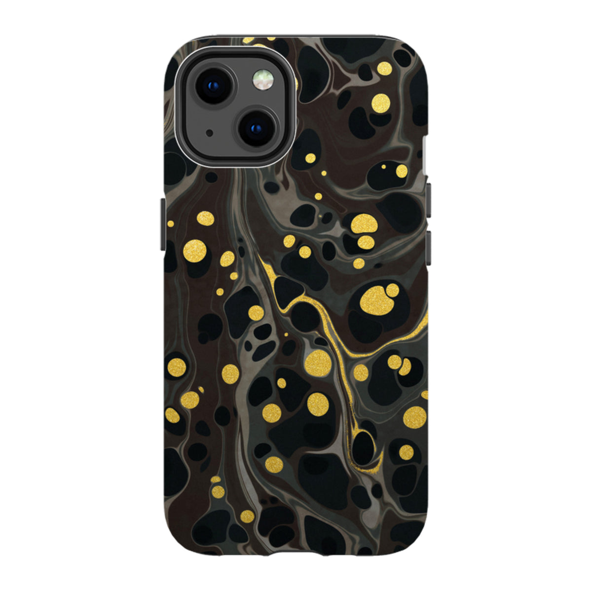 Moon Mist iPhone tough case with a black and grey marble swirl pattern accented by shimmering gold polka dots.