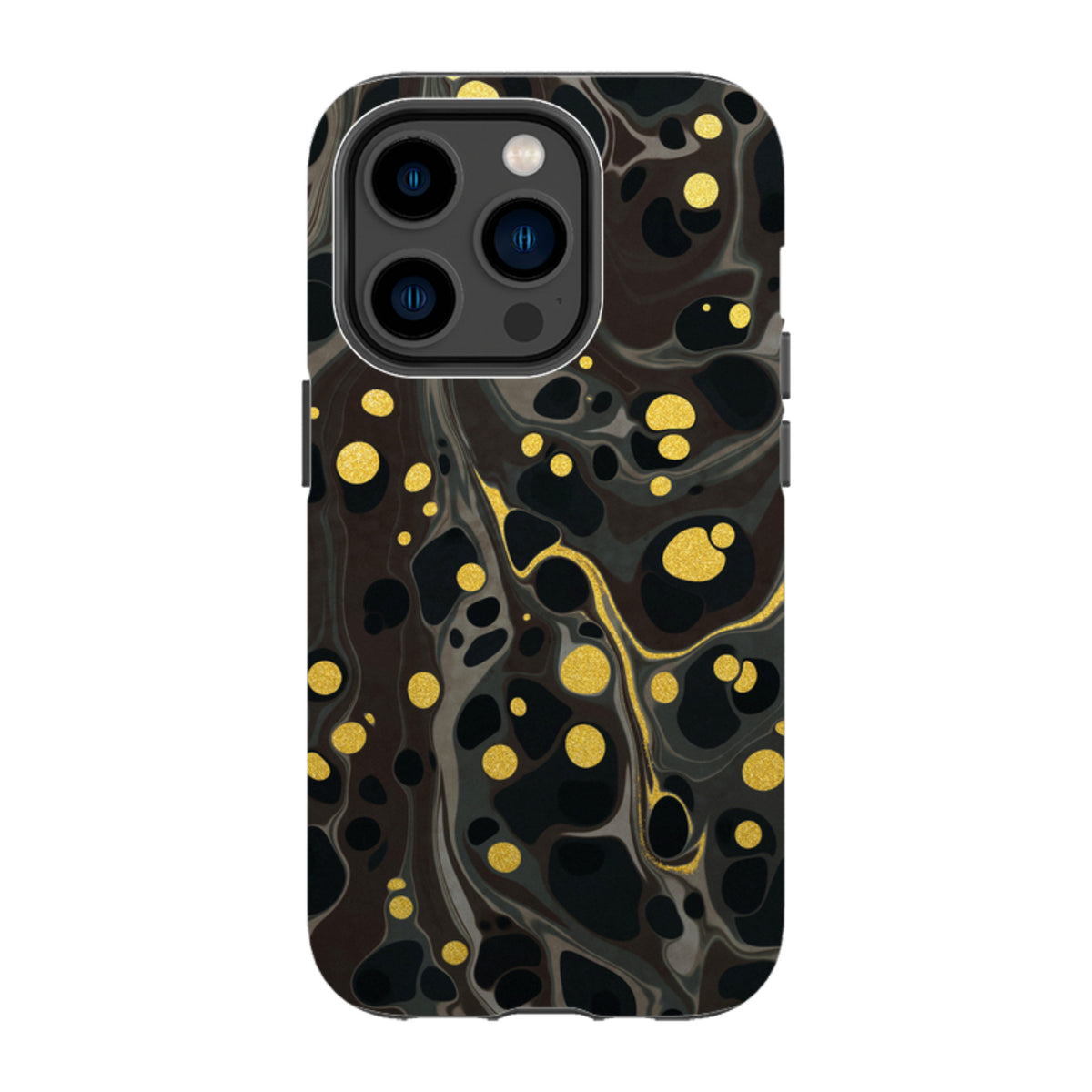 Moon Mist iPhone tough case featuring a black and grey marble swirl pattern with metallic gold polka dot accents.