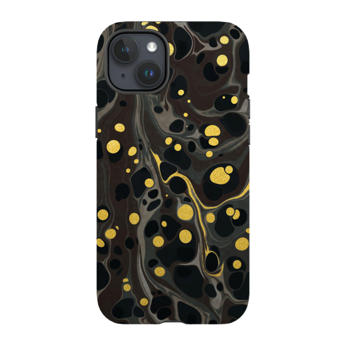 iPhone Tough Case in Moon Mist featuring a black and grey marble swirl pattern with metallic gold polka dot accents.