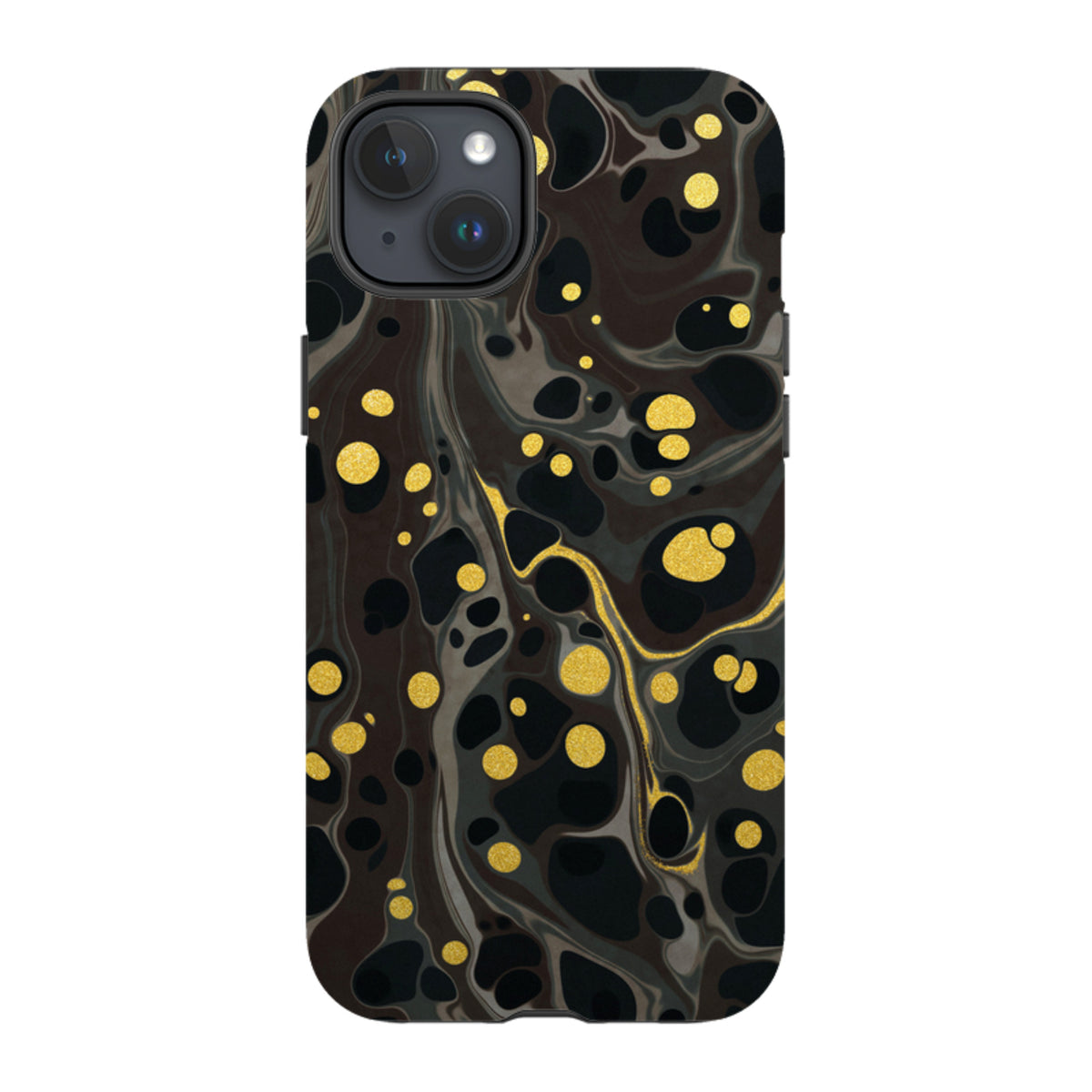 iPhone Tough Case in Moon Mist featuring a black and grey marble swirl pattern with gold glitter accents.