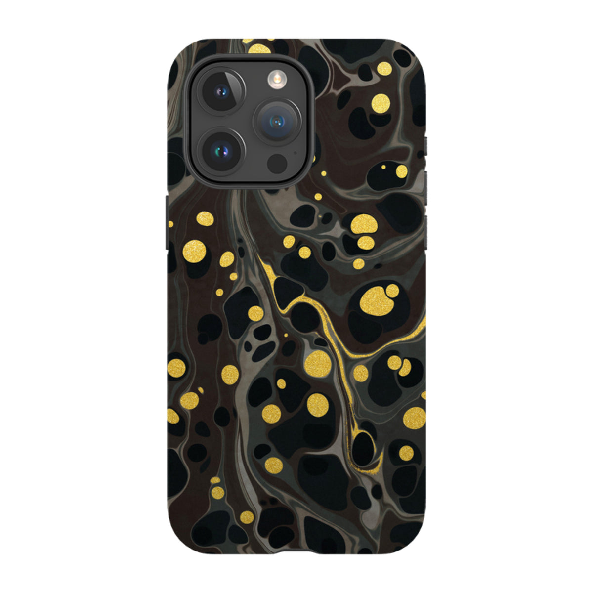 iPhone Tough Case in Moon Mist featuring a black and grey marble pattern with shimmering gold polka dot accents.