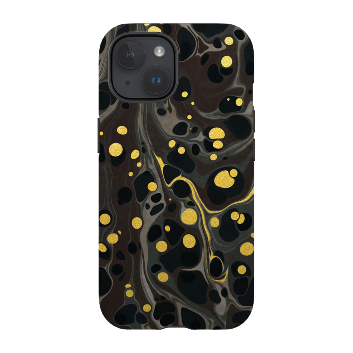 iPhone Tough Case in Moon Mist with a black and grey marble swirl design accented by shimmering gold polka dots.