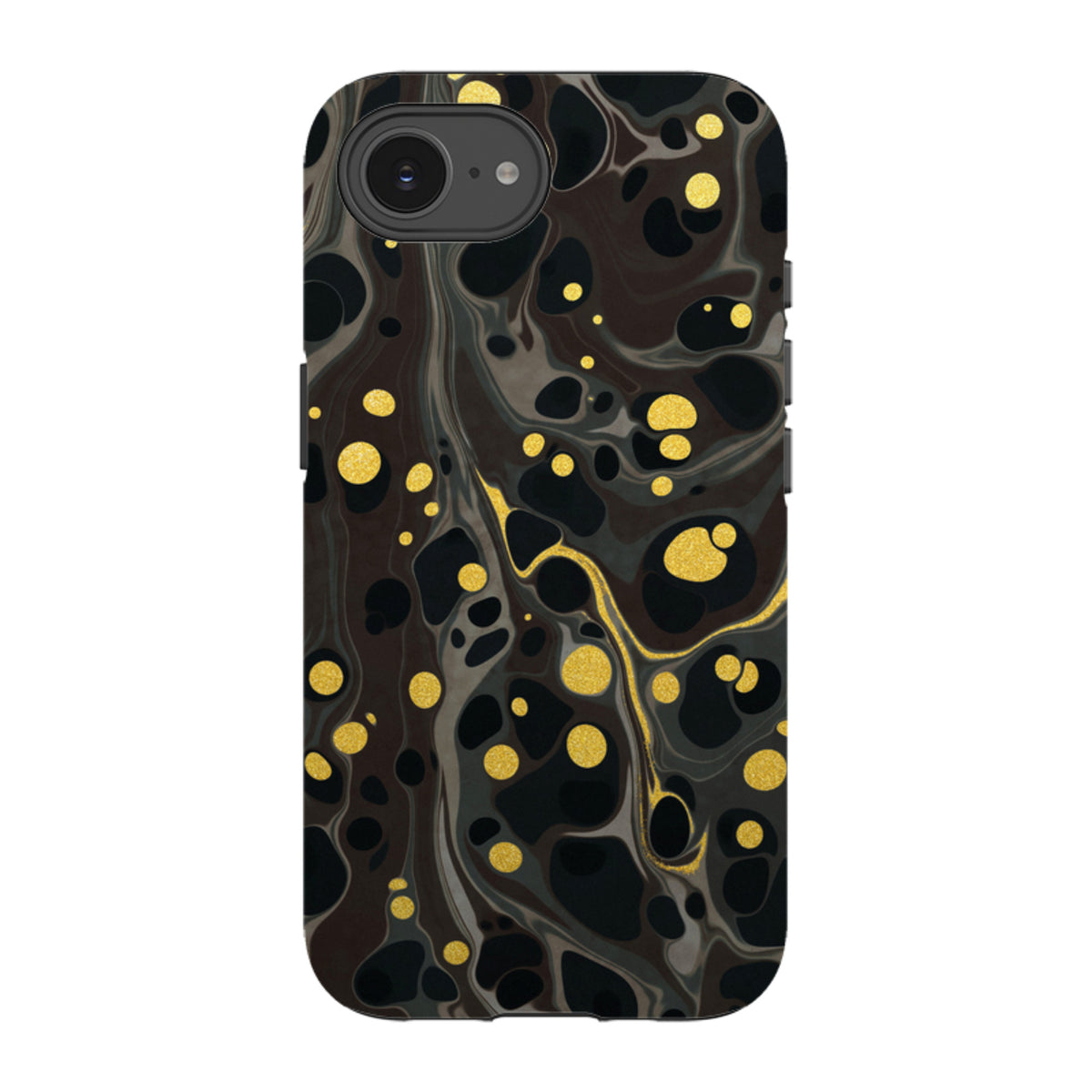 iPhone Tough Case in Moon Mist featuring a black and grey marbled design with shimmering gold polka dot accents.