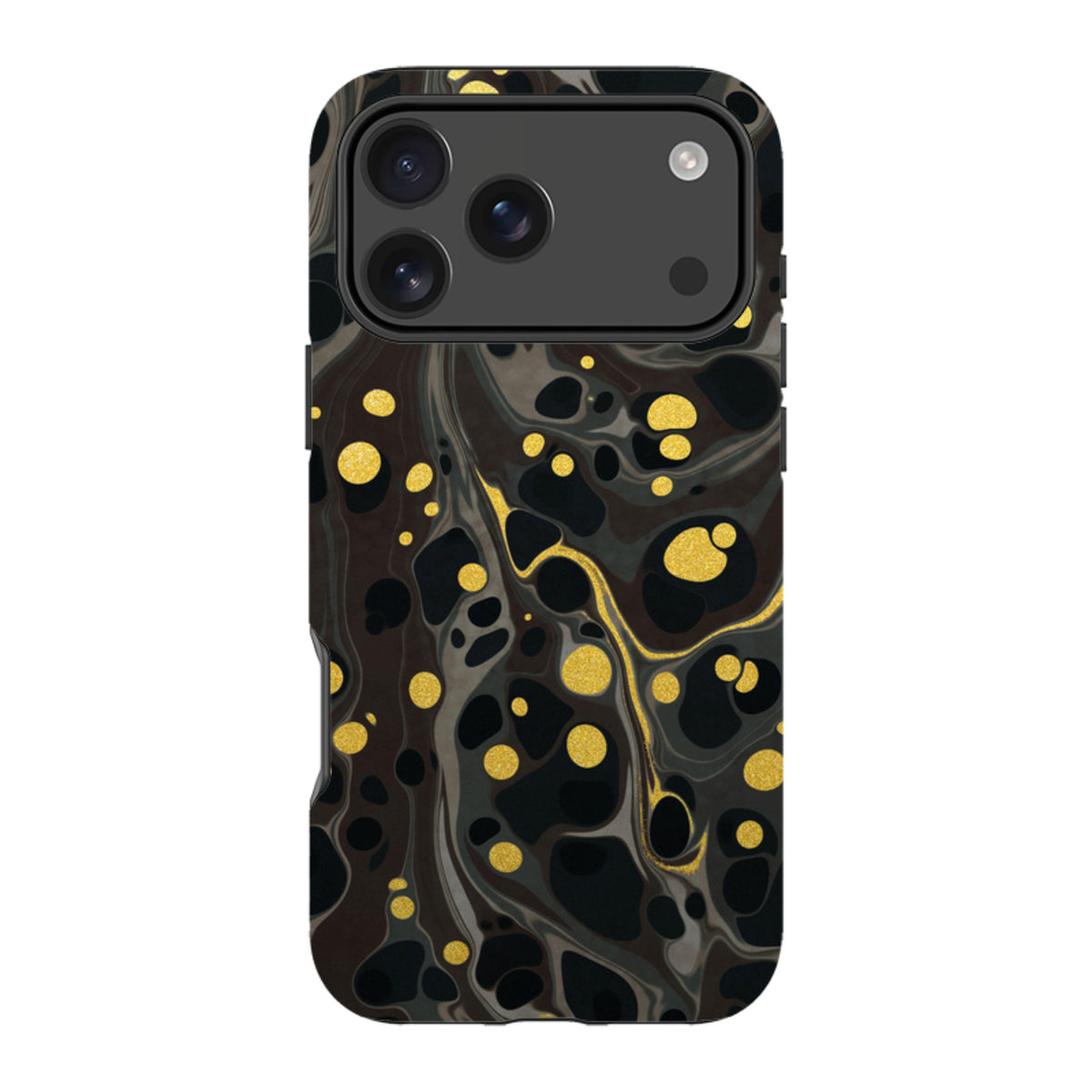 iPhone Tough Case in Moon Mist featuring a black and grey marble swirl design with gold metallic accents.
