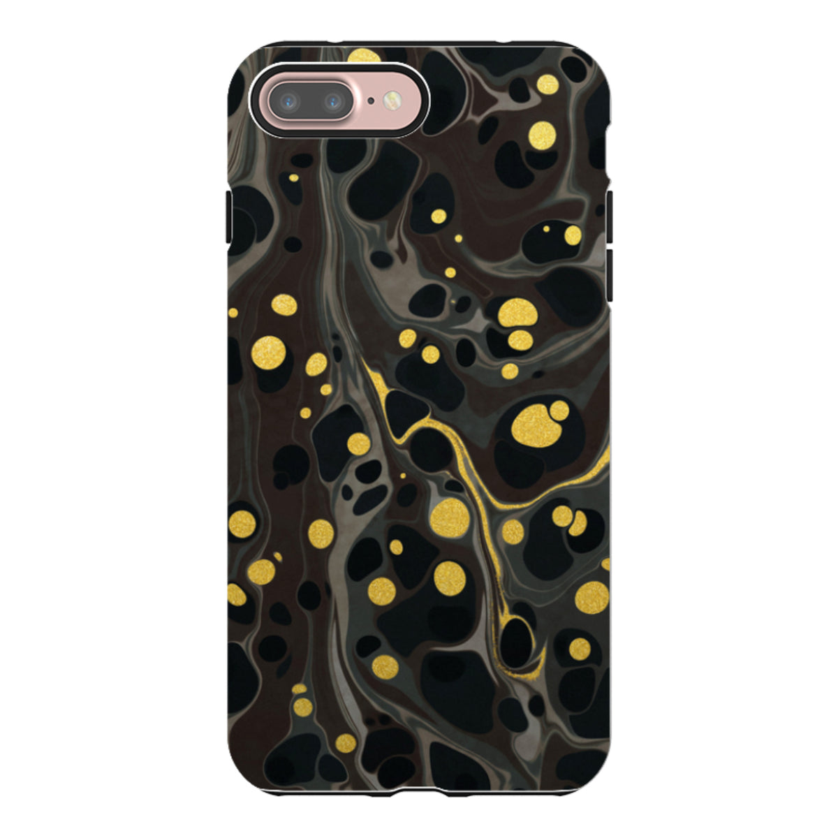 iPhone Tough Case in Moon Mist featuring a black and grey marble swirl pattern with metallic gold polka dot accents.