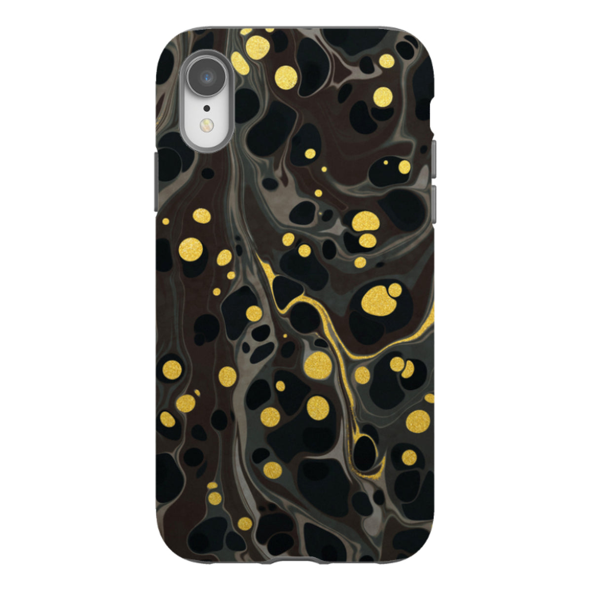 Moon Mist iPhone tough case with a black and grey marble swirl pattern and shimmering gold polka dot accents.
