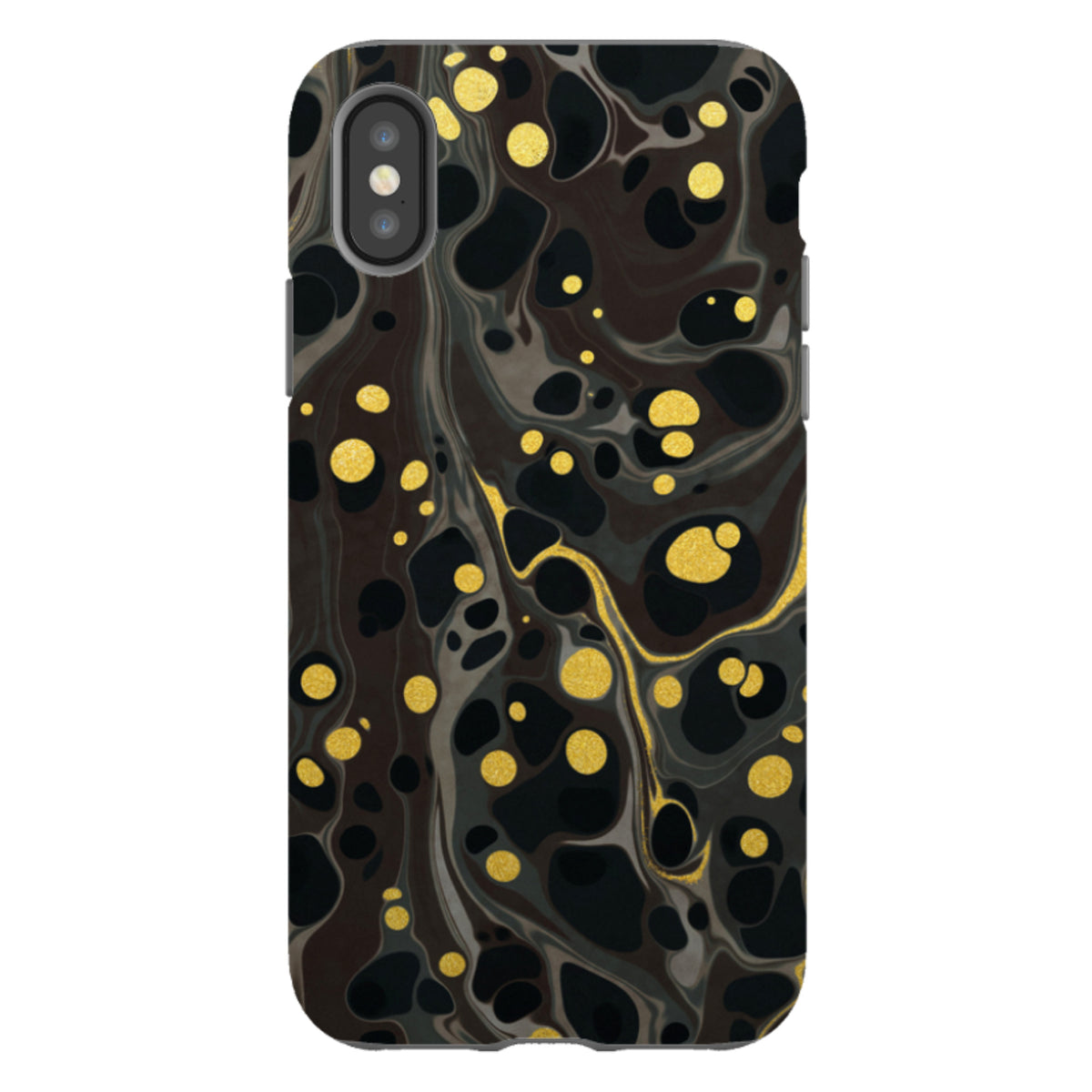 iPhone Tough Case in Moon Mist featuring a black and grey marble swirl pattern with shimmering gold polka dot accents.