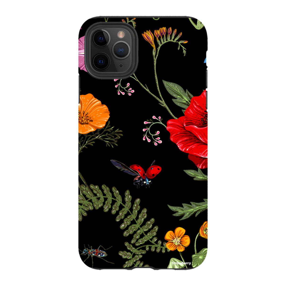 iPhone tough case with a black background, vibrant floral garden print, and ladybug illustrations for dual-layer protection.