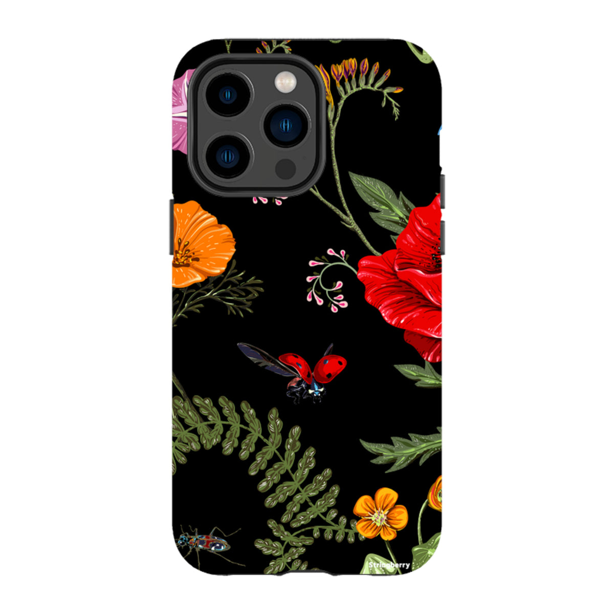 iPhone tough case featuring a black background with vibrant floral patterns, red poppies, and ladybugs.
