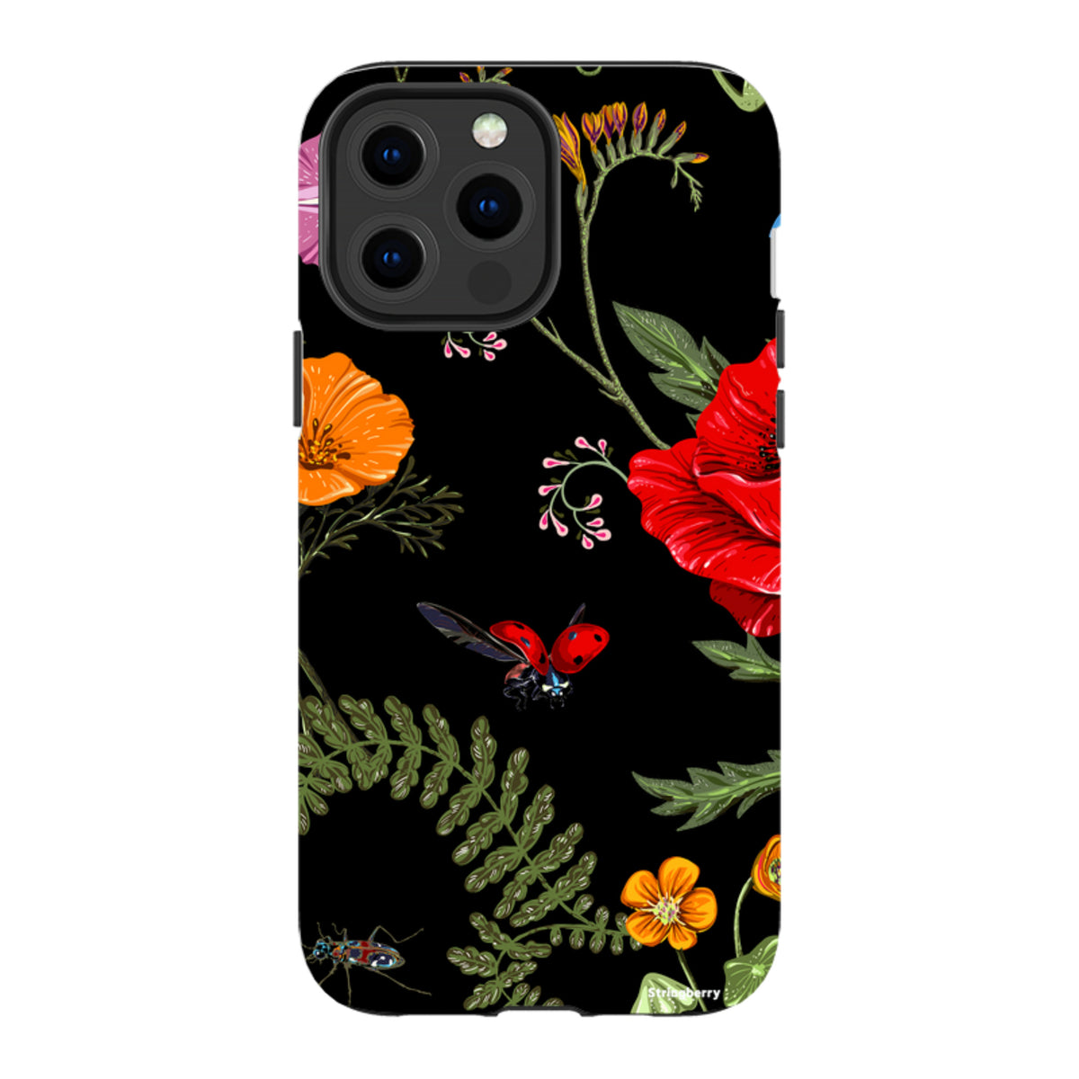 iPhone tough case with a black background featuring vibrant red poppies, orange flowers, and a flying ladybug.