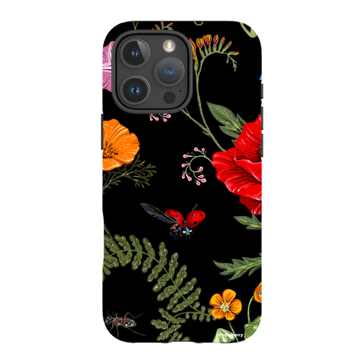 iPhone tough case featuring a black background with vibrant floral patterns, green foliage, and a flying ladybug.