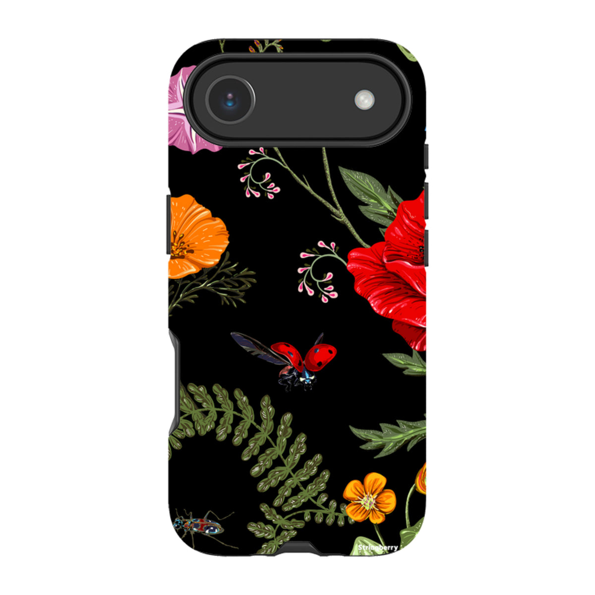 iPhone Tough Case featuring a Moonlight Garden floral print with red poppies, orange flowers, and ladybugs on black.