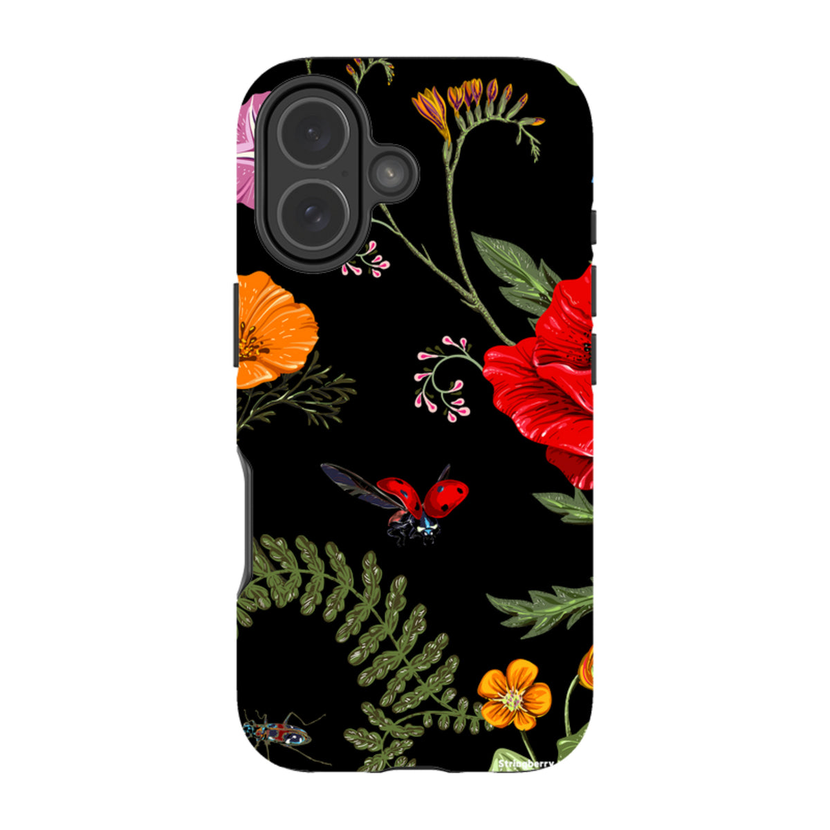 iPhone tough case with a black background, vibrant red poppies, orange flowers, green foliage, and ladybug illustrations.