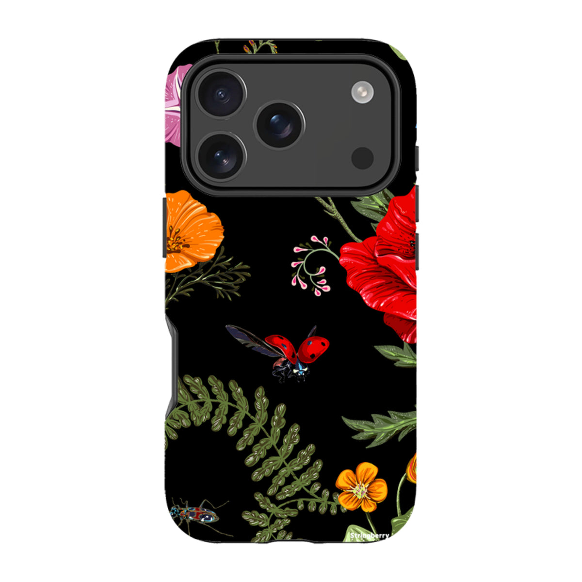 iPhone tough case with Moonlight Garden floral print, featuring a ladybug and vibrant flowers on a black background.