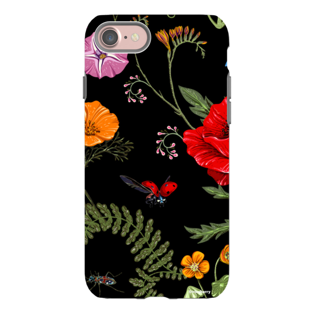 iPhone tough case with Moonlight Garden floral and ladybug print on a black background, featuring dual-layer protection.