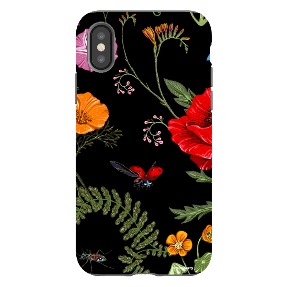 iPhone Tough Case featuring a Moonlight Garden floral print with red poppies, orange flowers, and ladybugs on black.