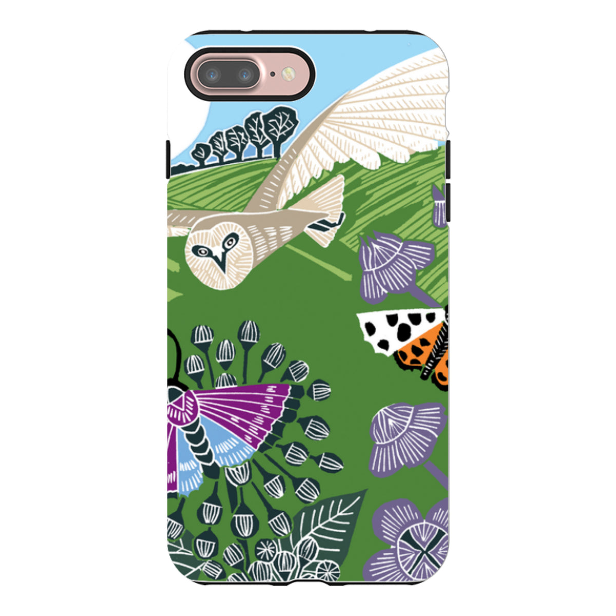 Dual-layer iPhone case featuring Kate Heiss’s Morning Barn Owl art with a flying owl, colorful butterflies, and green flora.
