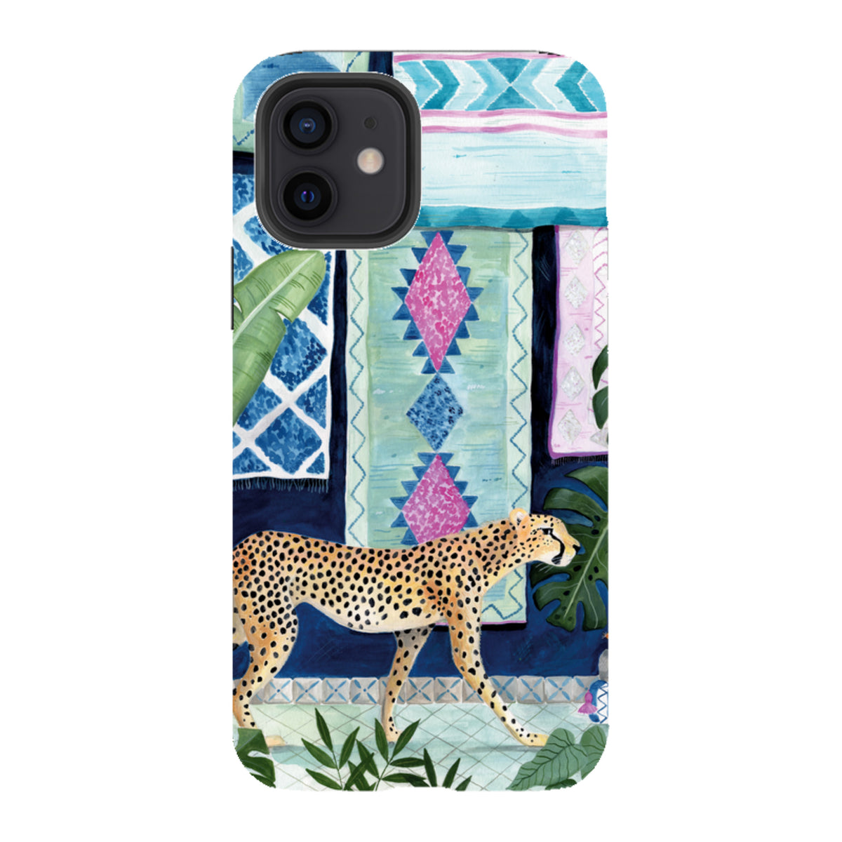 Dual-layer iPhone tough case featuring a cheetah walking in front of colorful Moroccan-style patterned textiles.