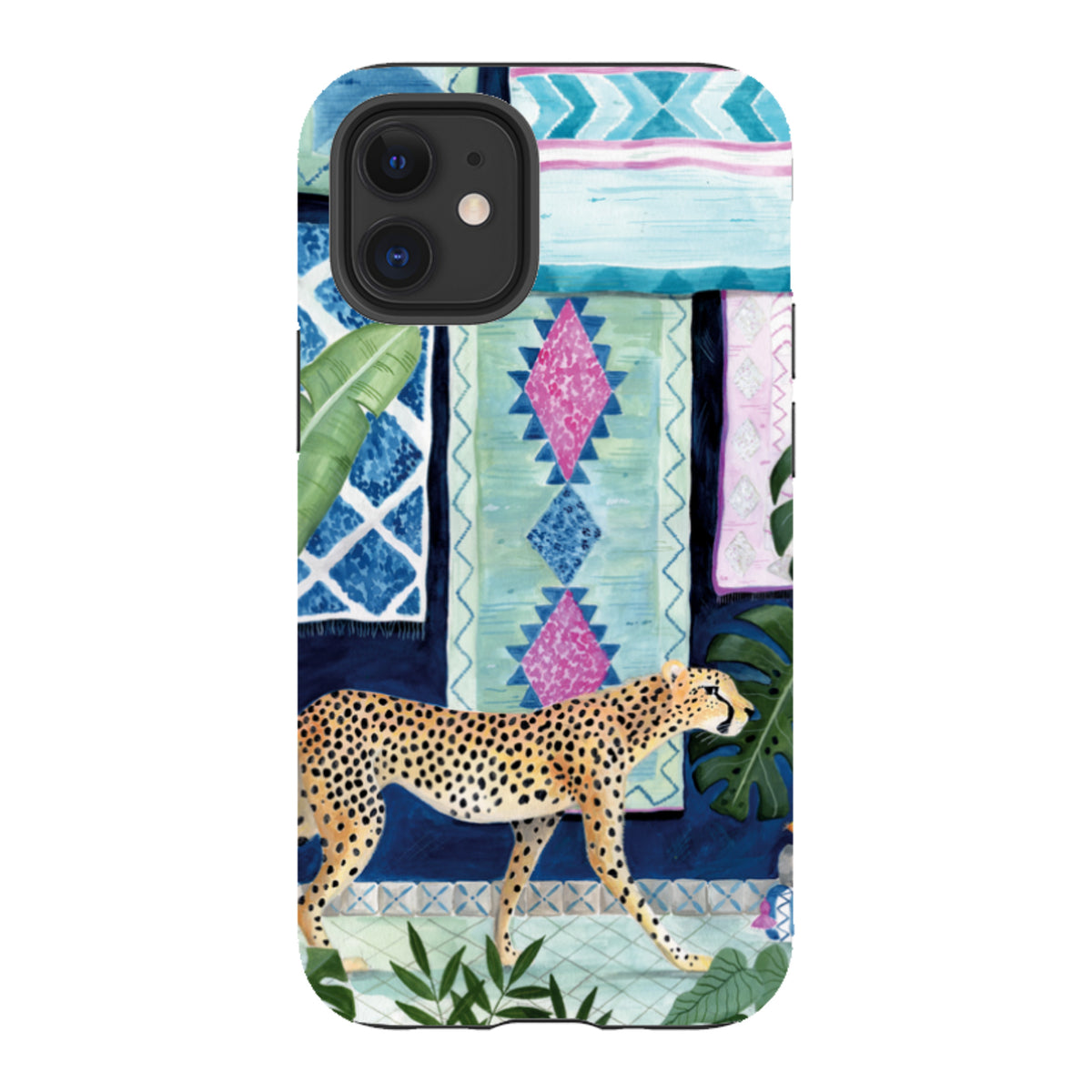 iPhone tough case featuring a cheetah walking past colorful Moroccan-style rugs and tropical leaves in blue and pink.