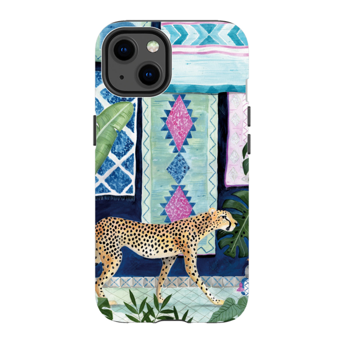 iPhone tough case featuring a cheetah walking past colorful Moroccan-style rugs and tropical leaves in blue and pink.