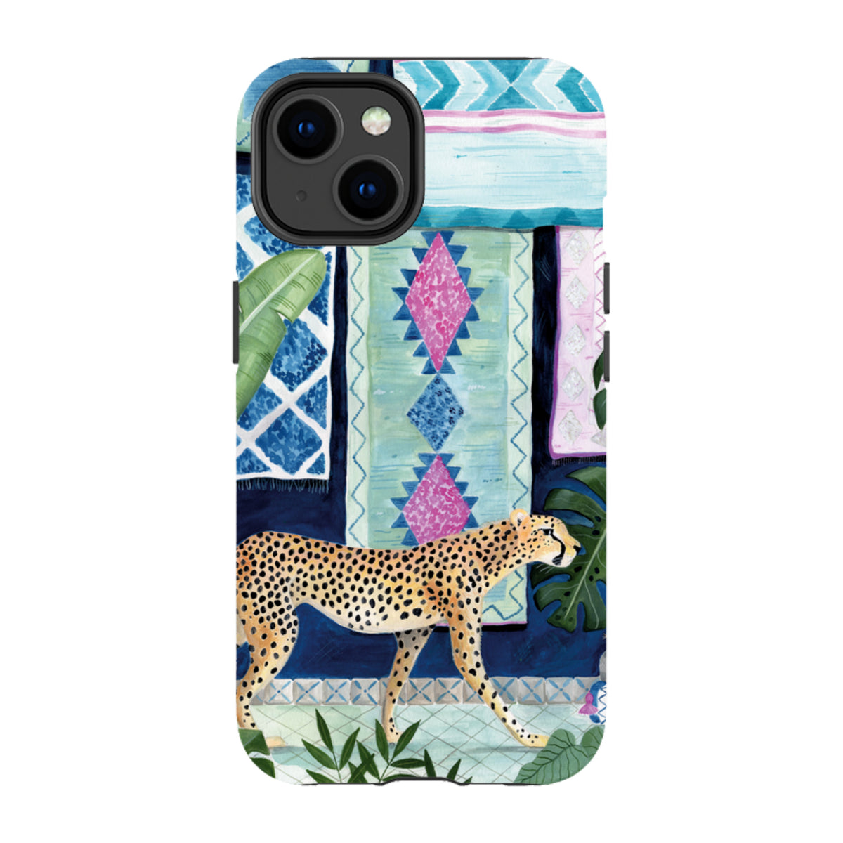 iPhone tough case featuring a cheetah walking in front of colorful Moroccan-style rugs and tropical plants.