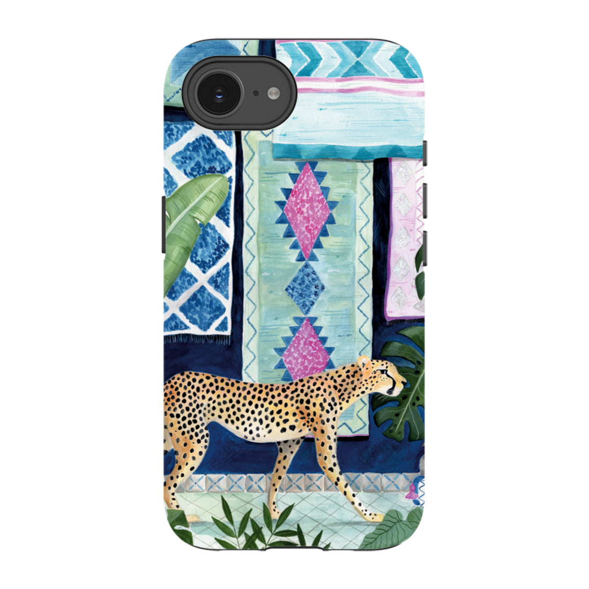 iPhone tough case featuring a cheetah walking in front of colorful Moroccan-style rugs and tropical leaves.