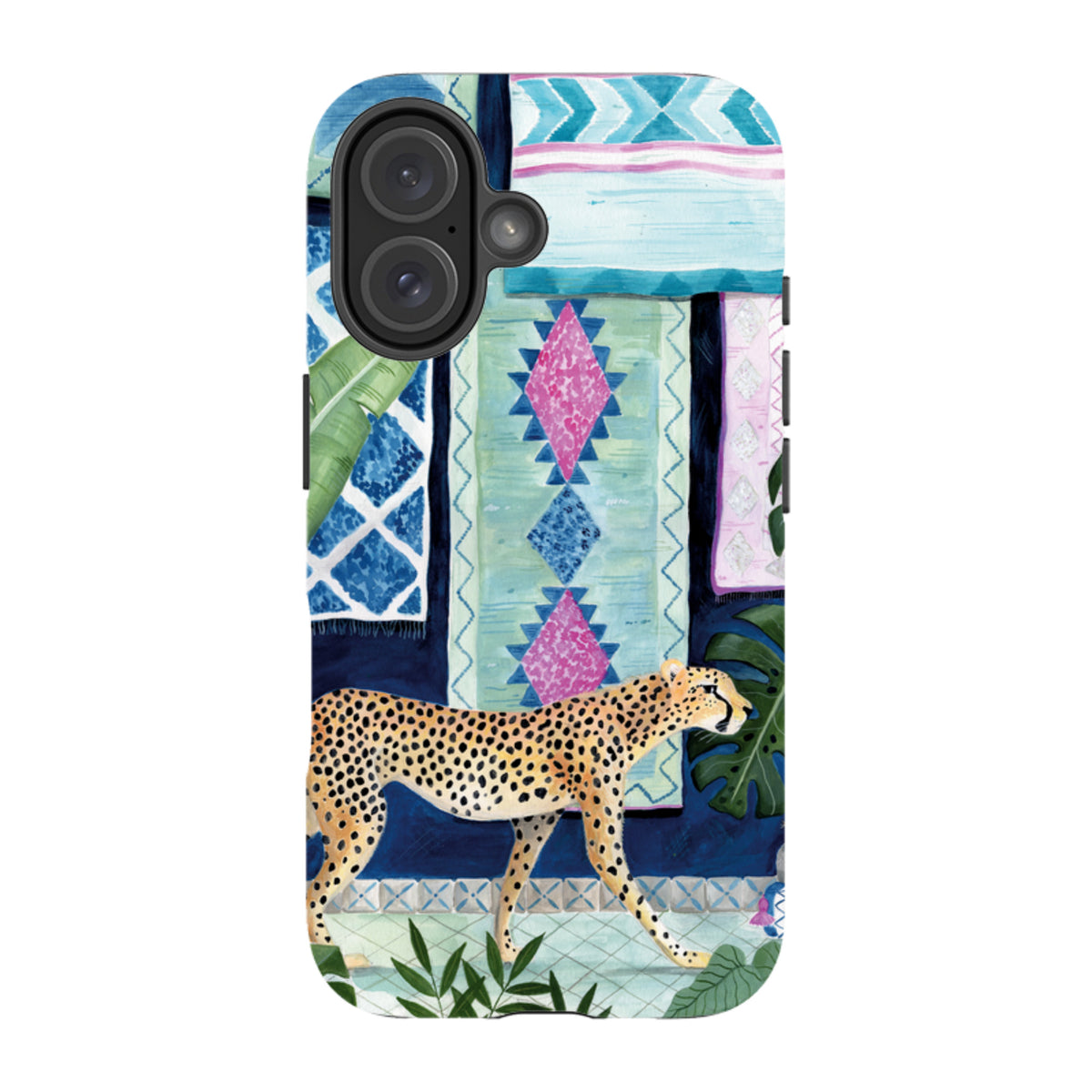 iPhone tough case featuring a cheetah in a vibrant Moroccan-style setting with blue, pink, and tropical leaf patterns.