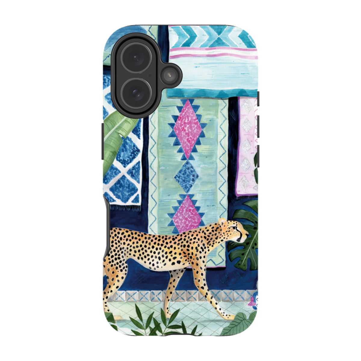 Dual-layer iPhone tough case featuring a cheetah walking past colorful Moroccan-style textiles and tropical plants.