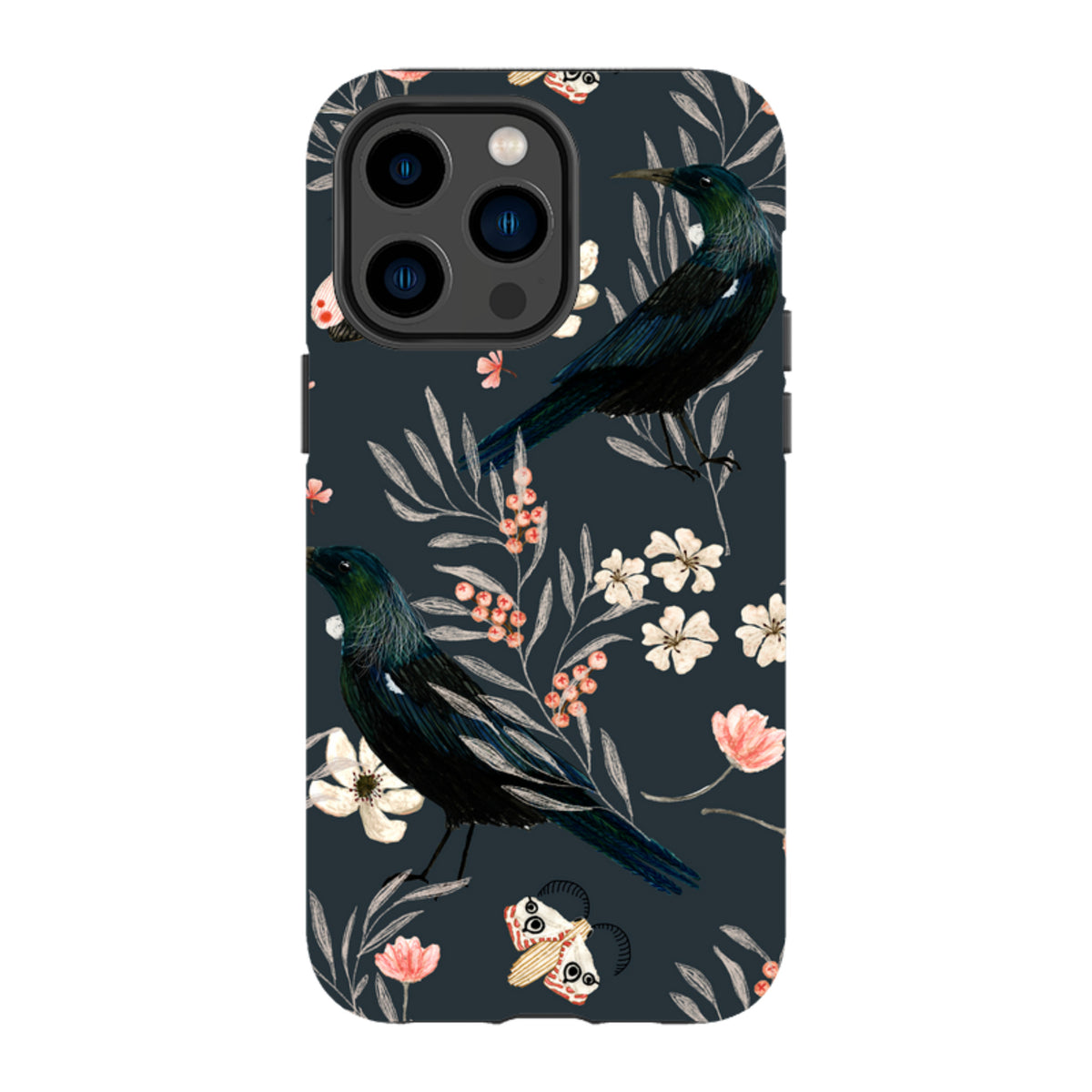 iPhone tough case featuring Katherine Quinn’s dark floral design with Tui birds, moths, and delicate pink blossoms.
