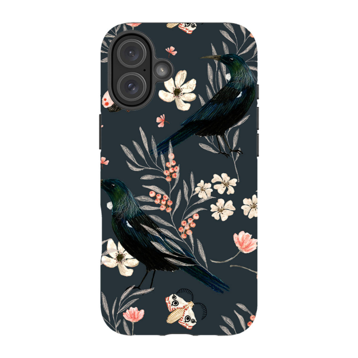 iPhone tough case featuring Katherine Quinn’s dark floral design with black Tui birds, moths, and delicate pink flowers.
