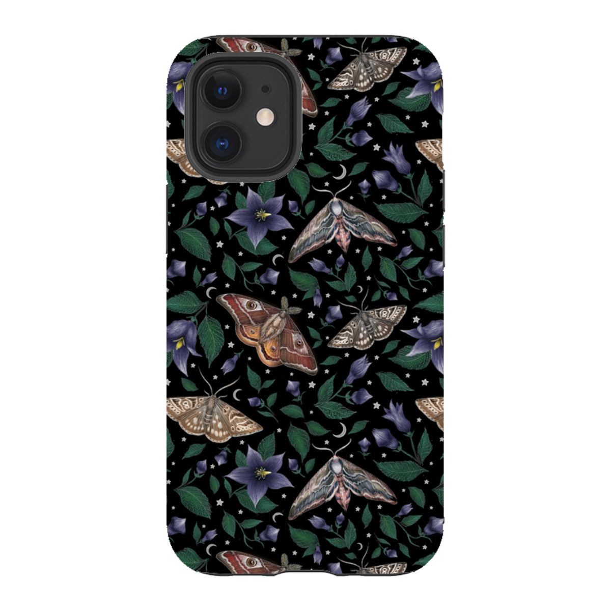 iPhone tough case featuring a black background with detailed moths, purple flowers, and small white stars.