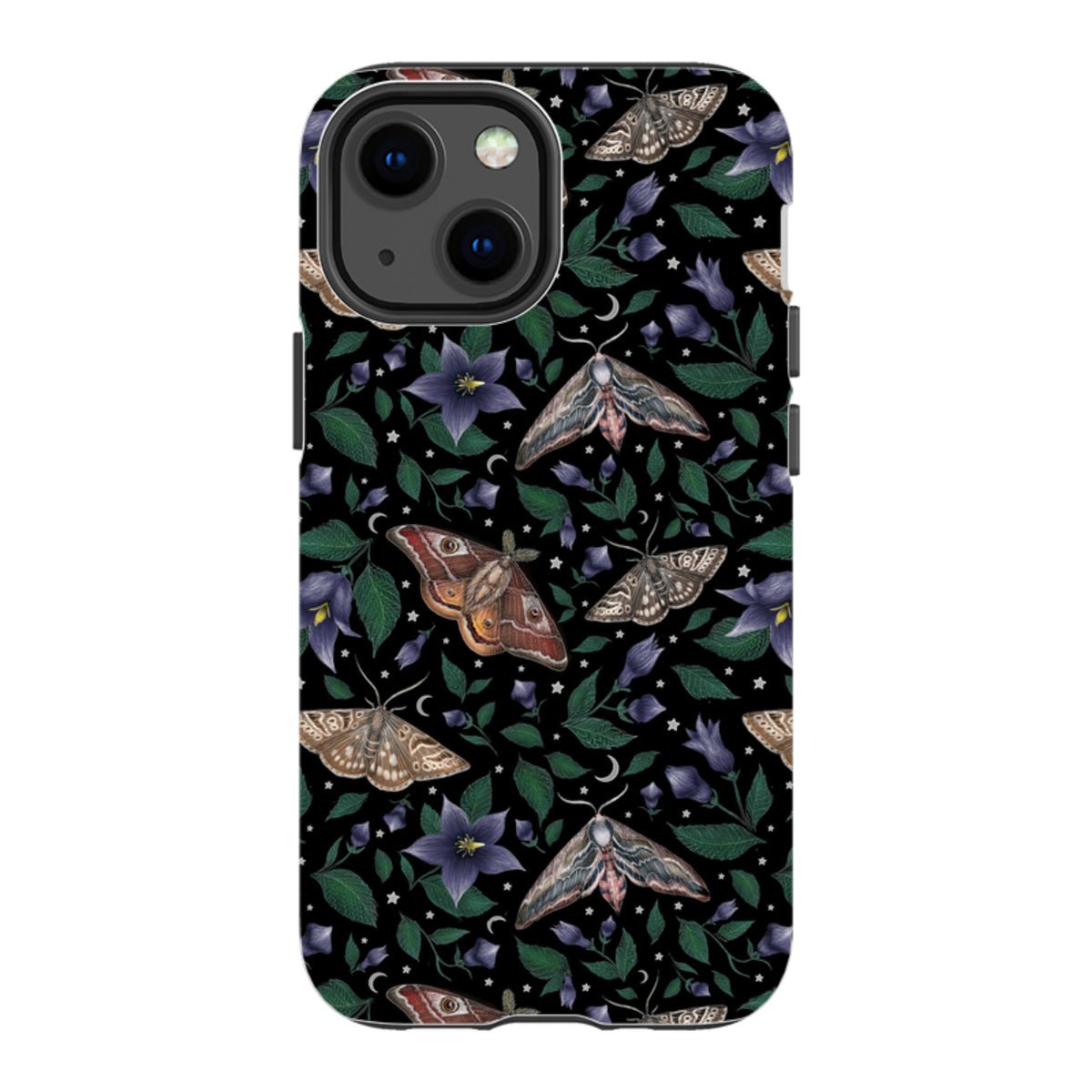 iPhone tough case featuring a black background with detailed moth, purple flower, and star illustrations.