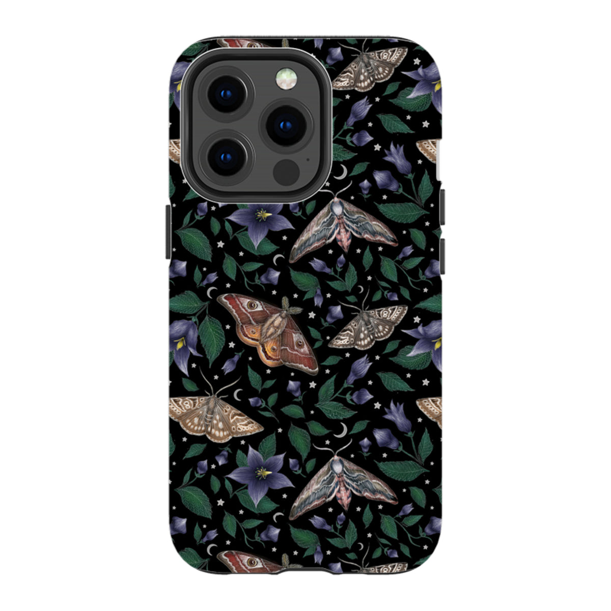 iPhone tough case featuring a black background with detailed moth, purple flower, and star illustrations by Catherine Rowe.