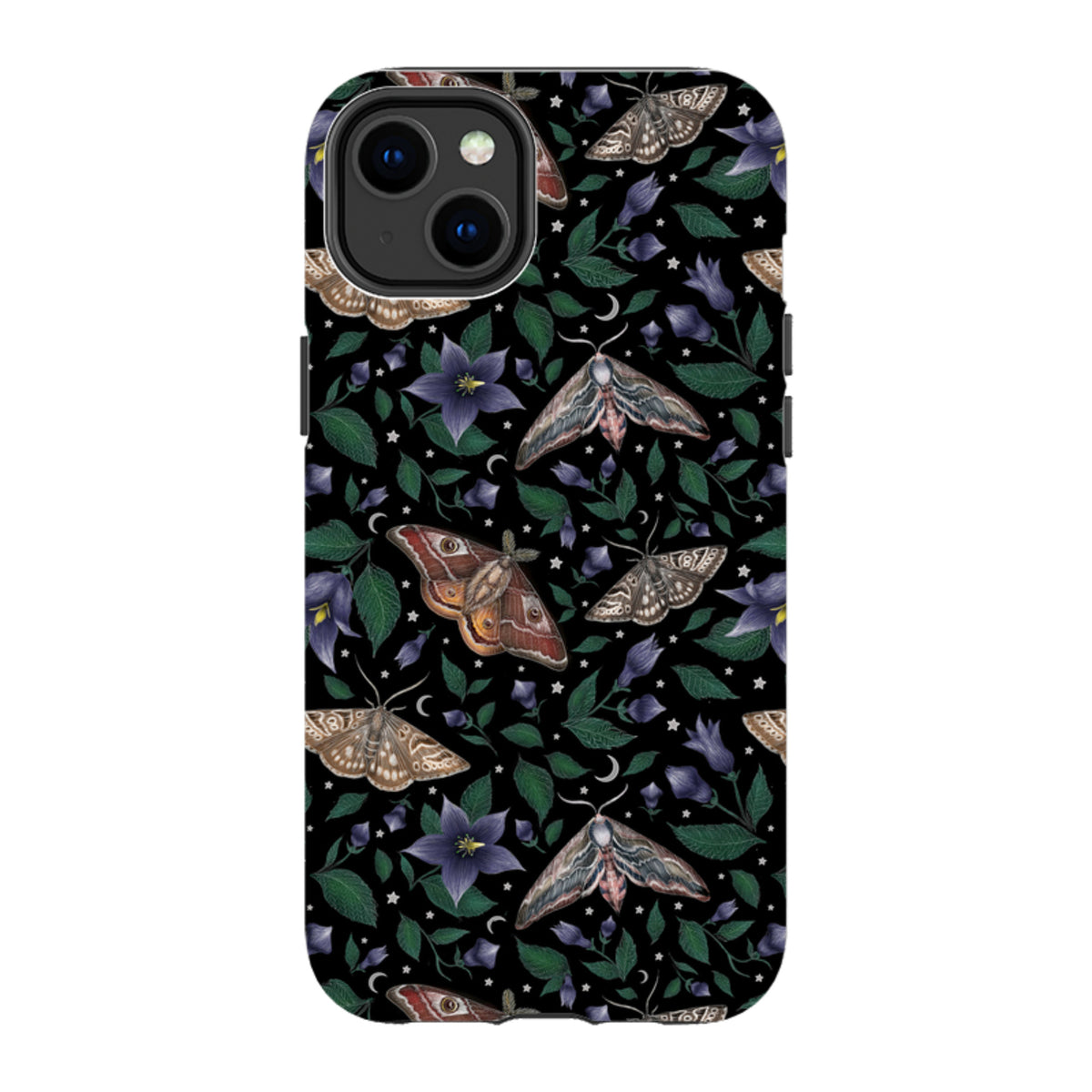 iPhone tough case with a black background, featuring a detailed moth, purple flower, and star pattern by Catherine Rowe.