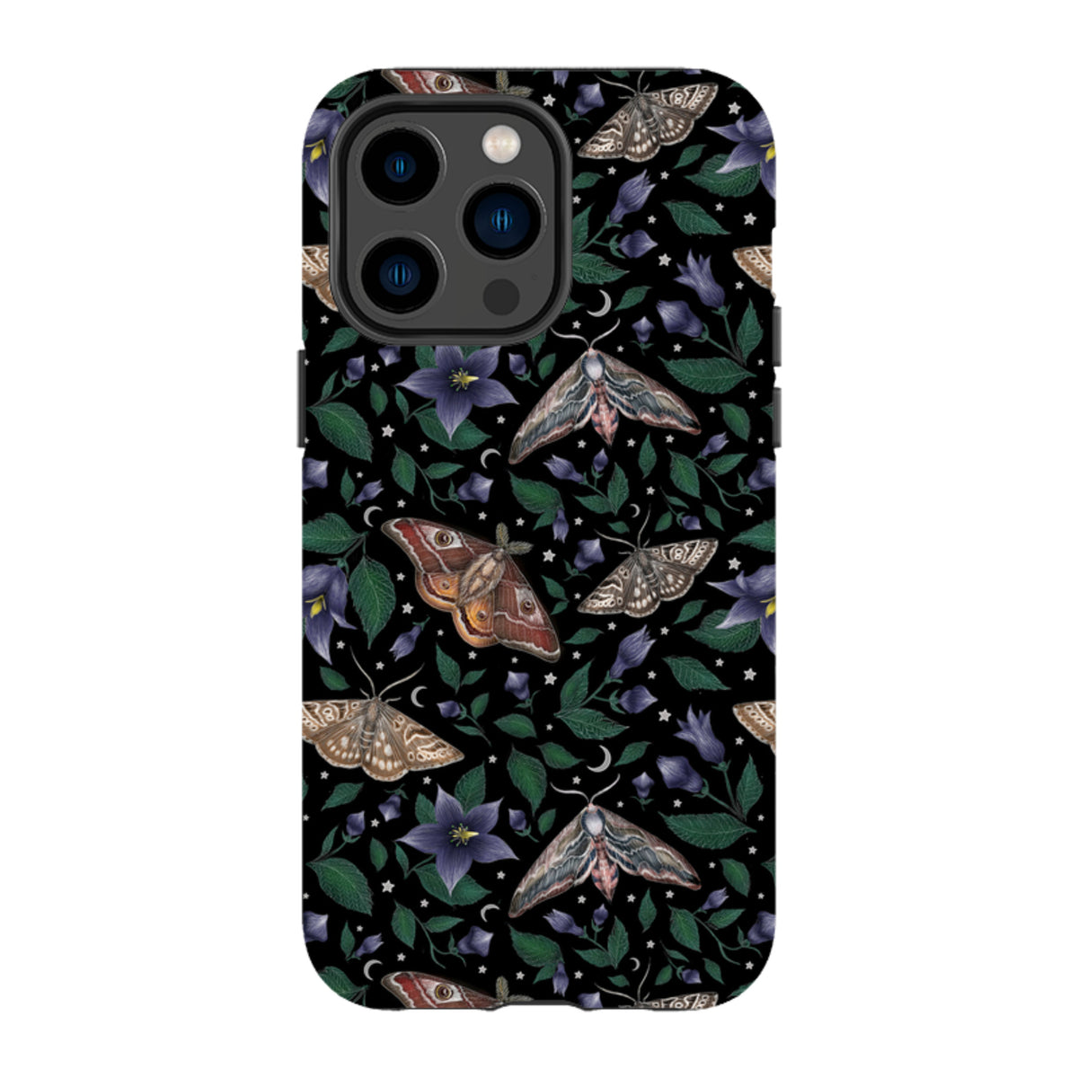 iPhone tough case featuring a black background with detailed moth, purple flower, and star illustrations by Catherine Rowe.