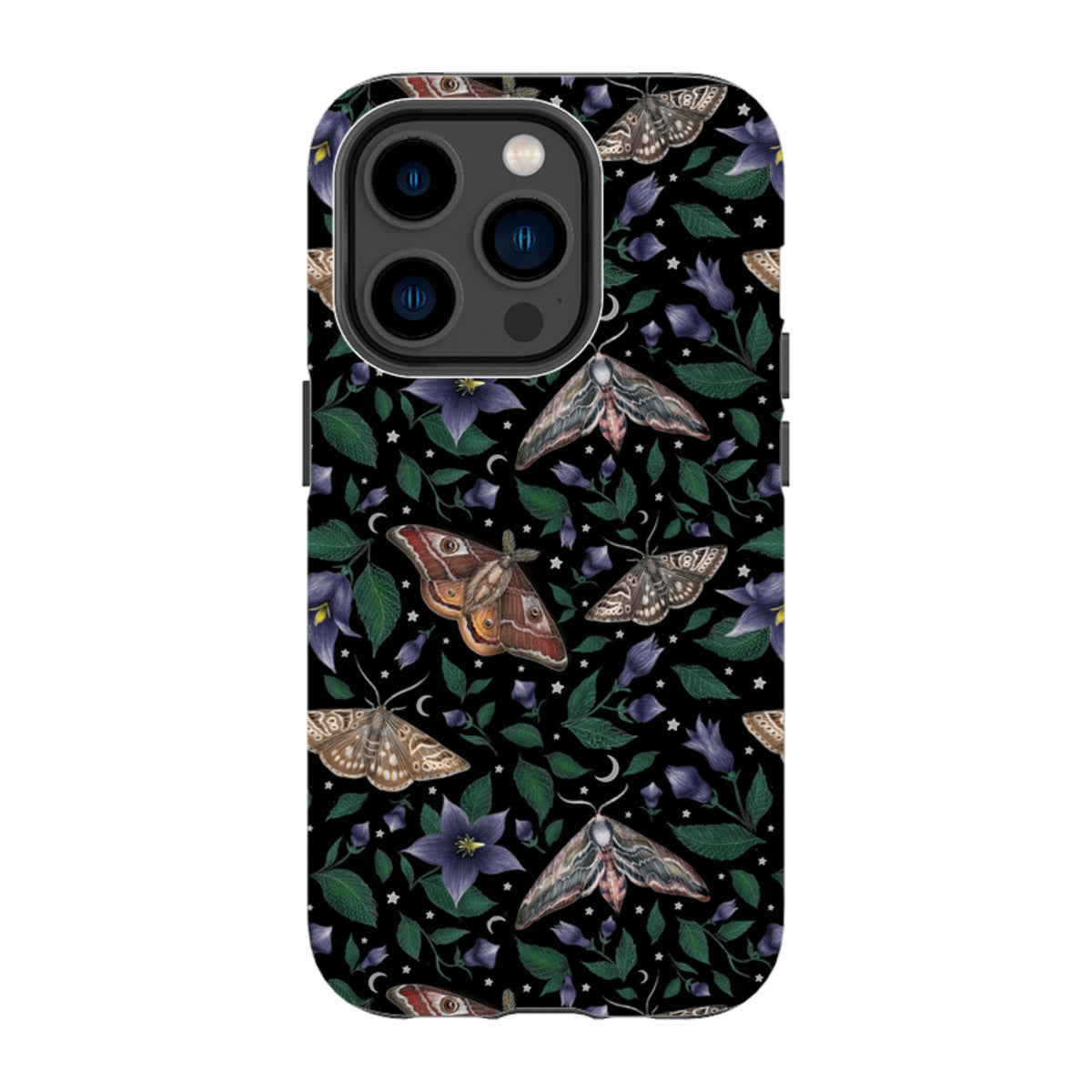 iPhone tough case featuring Catherine Rowe’s moth and purple flower pattern on a black background with dual-layer protection.